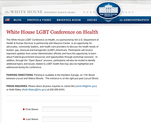 The White House - White House LGBT Conference on Health - click to go to this page on The White House website. 