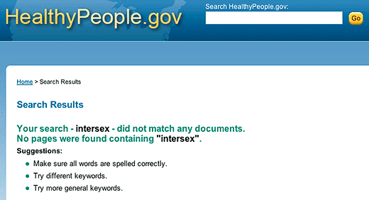 HealthyPeople.gov: null result for search using the term intersex - click to go to this web page.