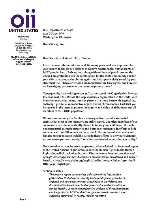 OII Chairperson Hida Viloria's letter to US Secretary of State requesting full and equal inclusion of intersex people - some 4% of the global population - in US government LGBT human rights reforms, extending them into LGBTI human rights reforms, page 1.