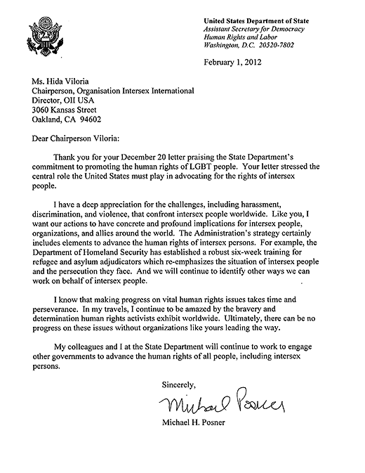 Reply from Michael H. Posner,  Assistant Secretary for Democracy, Human Rights and Labor, US Department of State, to OII Chairperson Hida Viloria’s letter to US Secretary of State Hillary Clinton asking for full and equal intersex inclusion in US foreign human rights efforts.