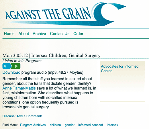 Against the Grain: Intersex Children, Genital Surgery - click to go to this web page.